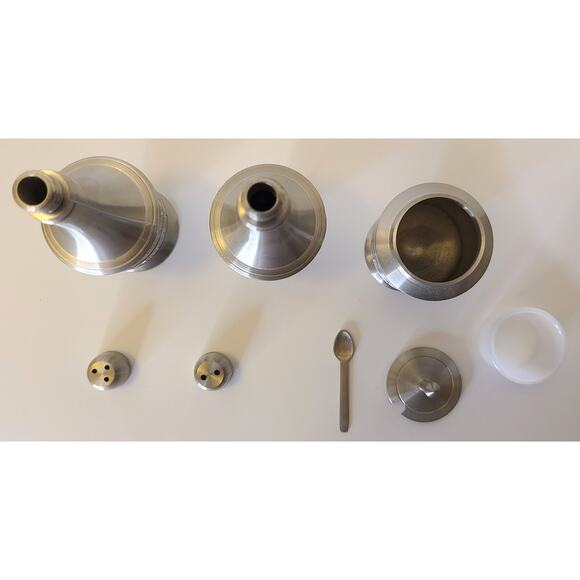 Condiment Set Royal Pewter Thailand Salt Pepper Shakers Jam Pot Teak Holder - Picture 5 of 8